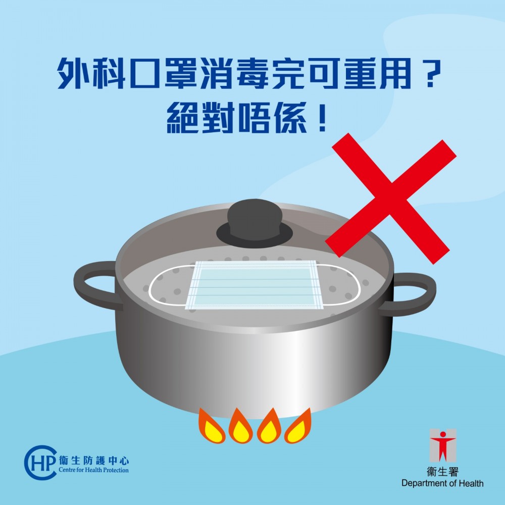 衞生防護中心在其Facebook專頁發文指,外科口罩要用完即棄,千萬不要把口罩洗完蒸完再重用,又提醒市民不要輕信謠言和網上非可靠來源嘅訊息。