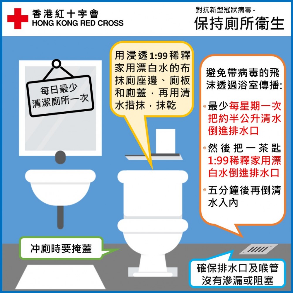 用1:99稀釋家用漂白水清潔廁所,最少每日一次。