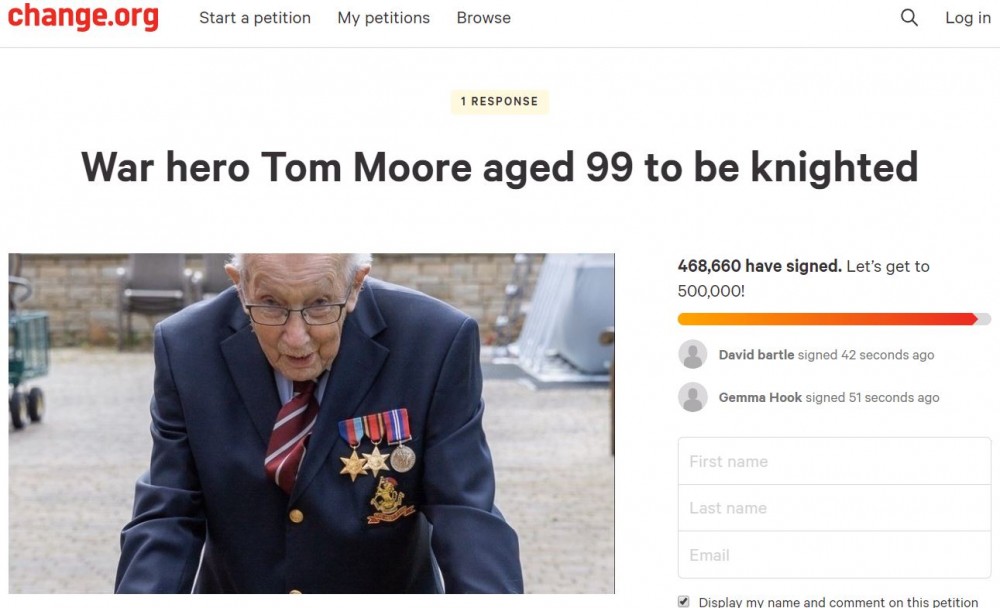 有醫護發起聯署要求為Tom Moore封爵。