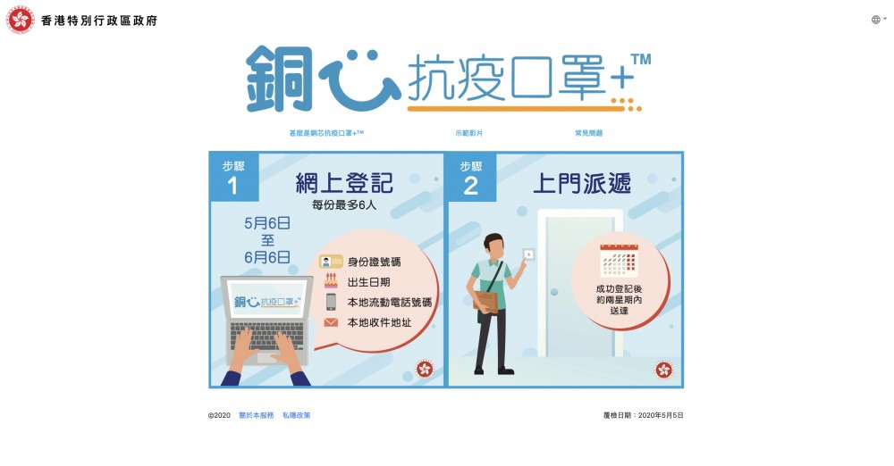 政府今午(5日)宣布,將向全港市民派發可重用「銅芯抗疫口罩」(Cu Mask),市民由明日(6日)起可在網上登記,香港郵政會派送口罩上門。以下列明派口罩領取方法、日期一覽。