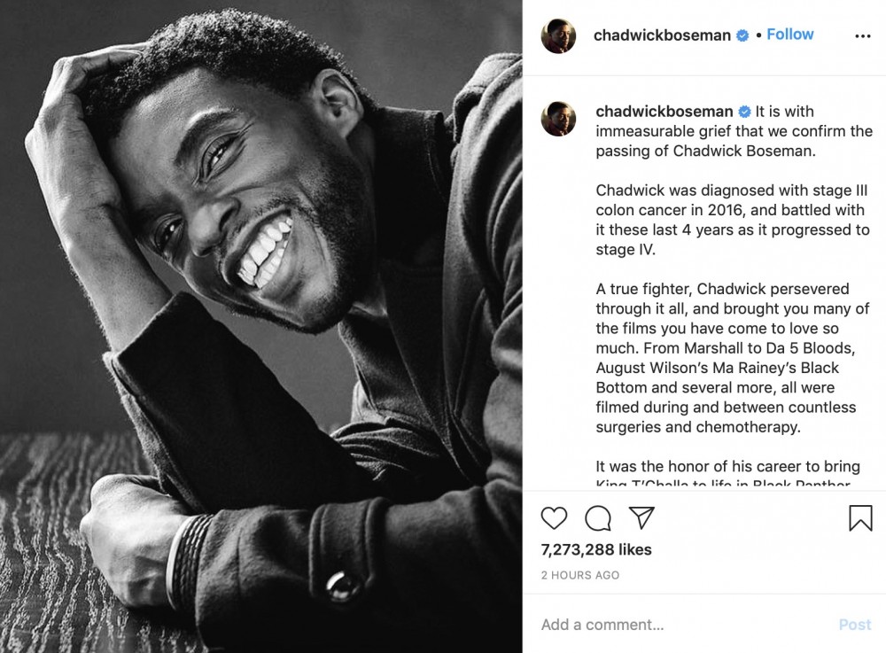Marvel 超級英雄電影《黑豹 (Black Panther)》男主角 Chadwick Boseman 當地時間昨日(28日)因大腸癌去世,年僅43歲。
