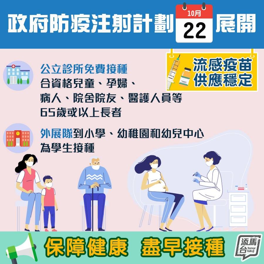 「政府防疫注射計劃」於10月22日展開,政府已訂購了約90萬劑流感疫苗,為合資格的香港居民免費接種。