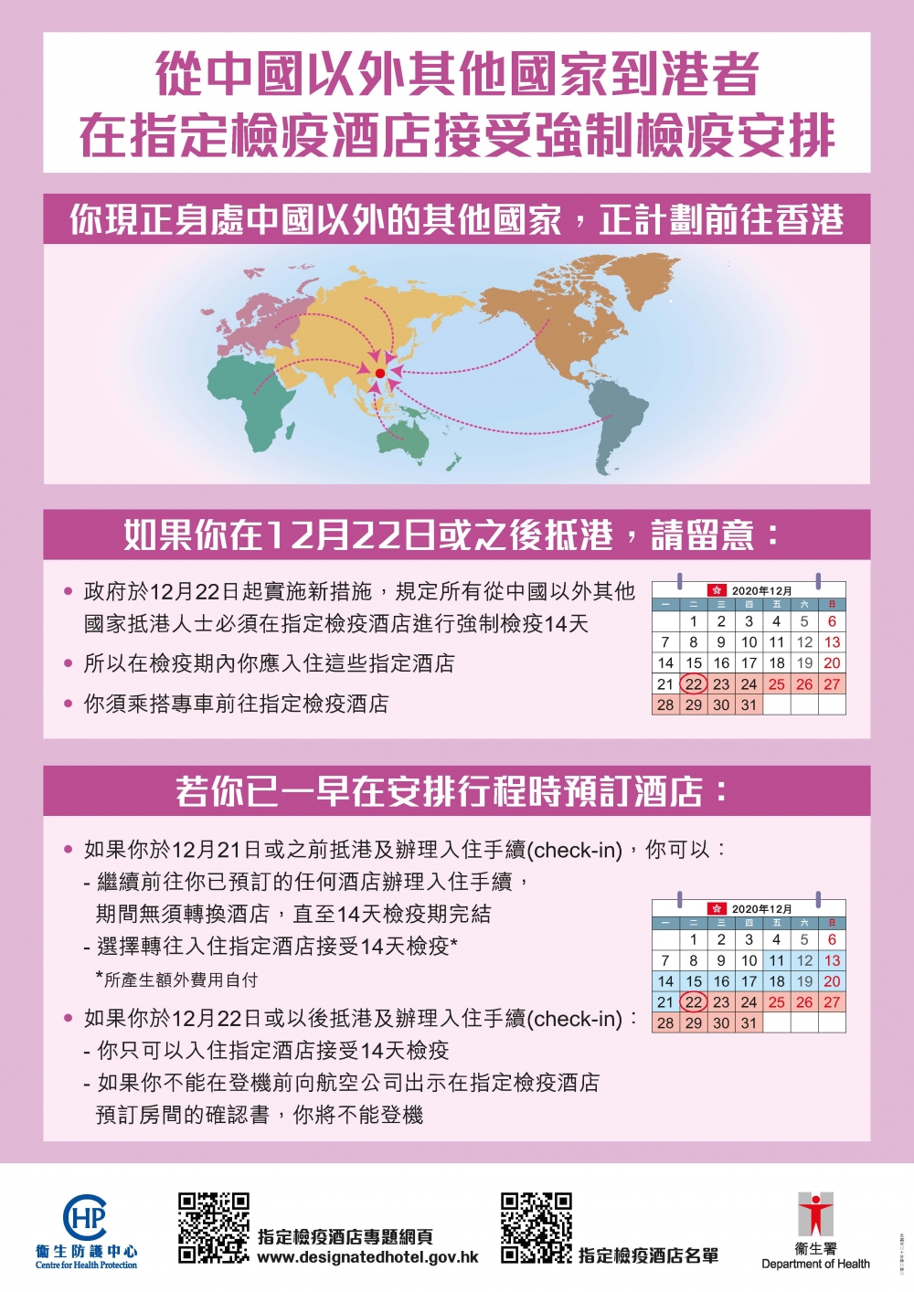 政府公布用作提供予海外人士返港後隔離檢疫的指定酒店名單。