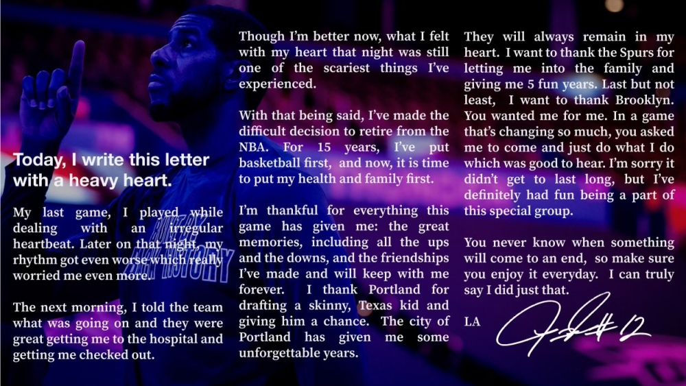 現年35歲的艾德列治(LaMarcus Aldridge)在Twitter公告退役的消息。