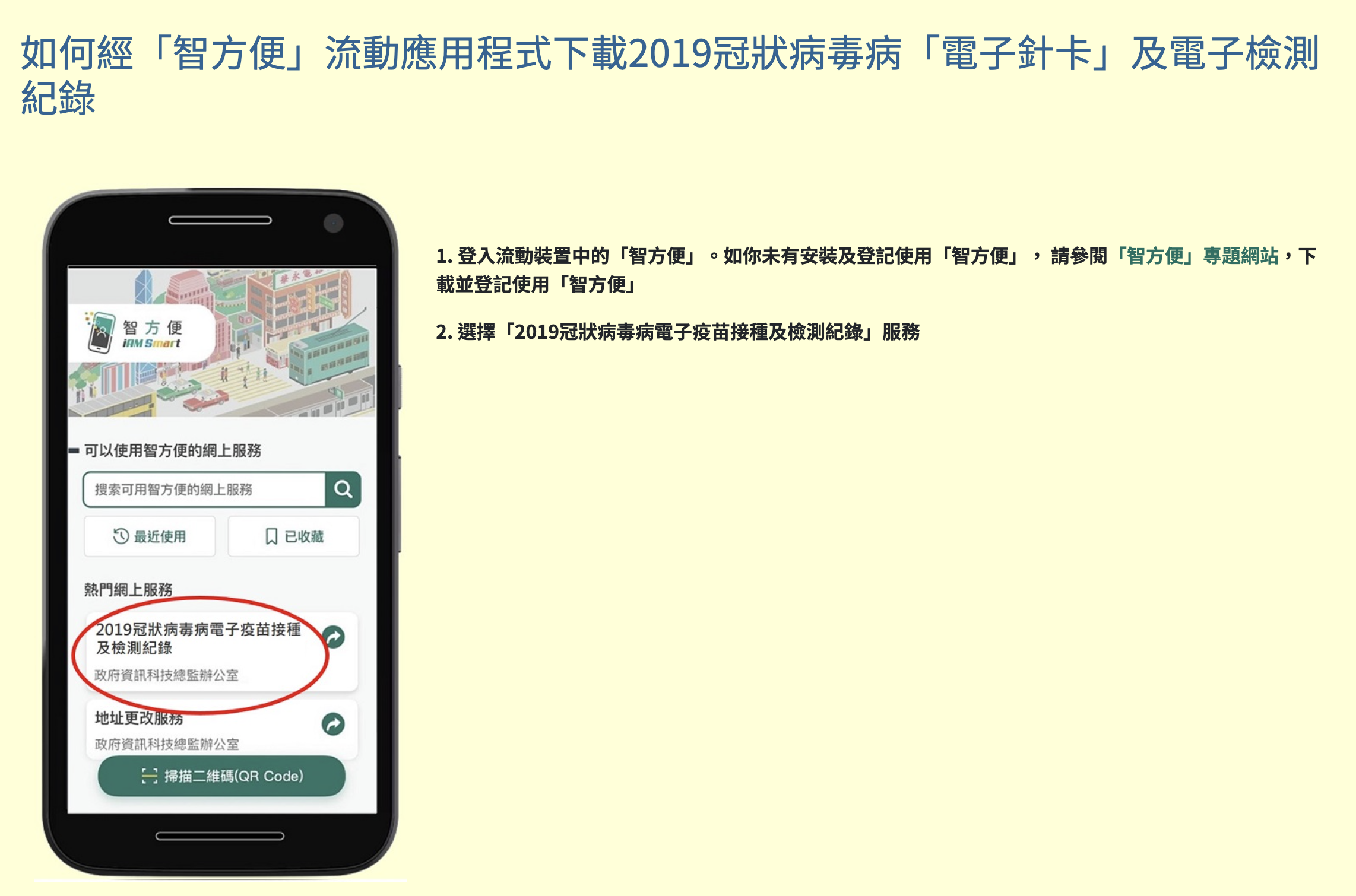 如何經「智方便」流動應用程式下載2019冠狀病毒病「電子針卡」及電子檢測紀錄(一)。