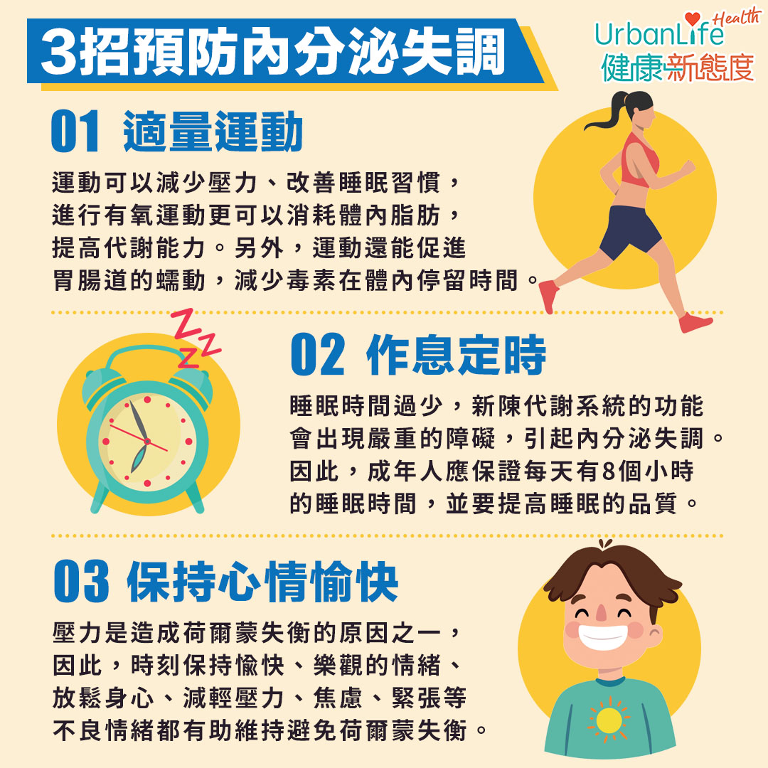 適量運動、調整作息時間、保持心情愉快都可預防荷爾蒙失調。