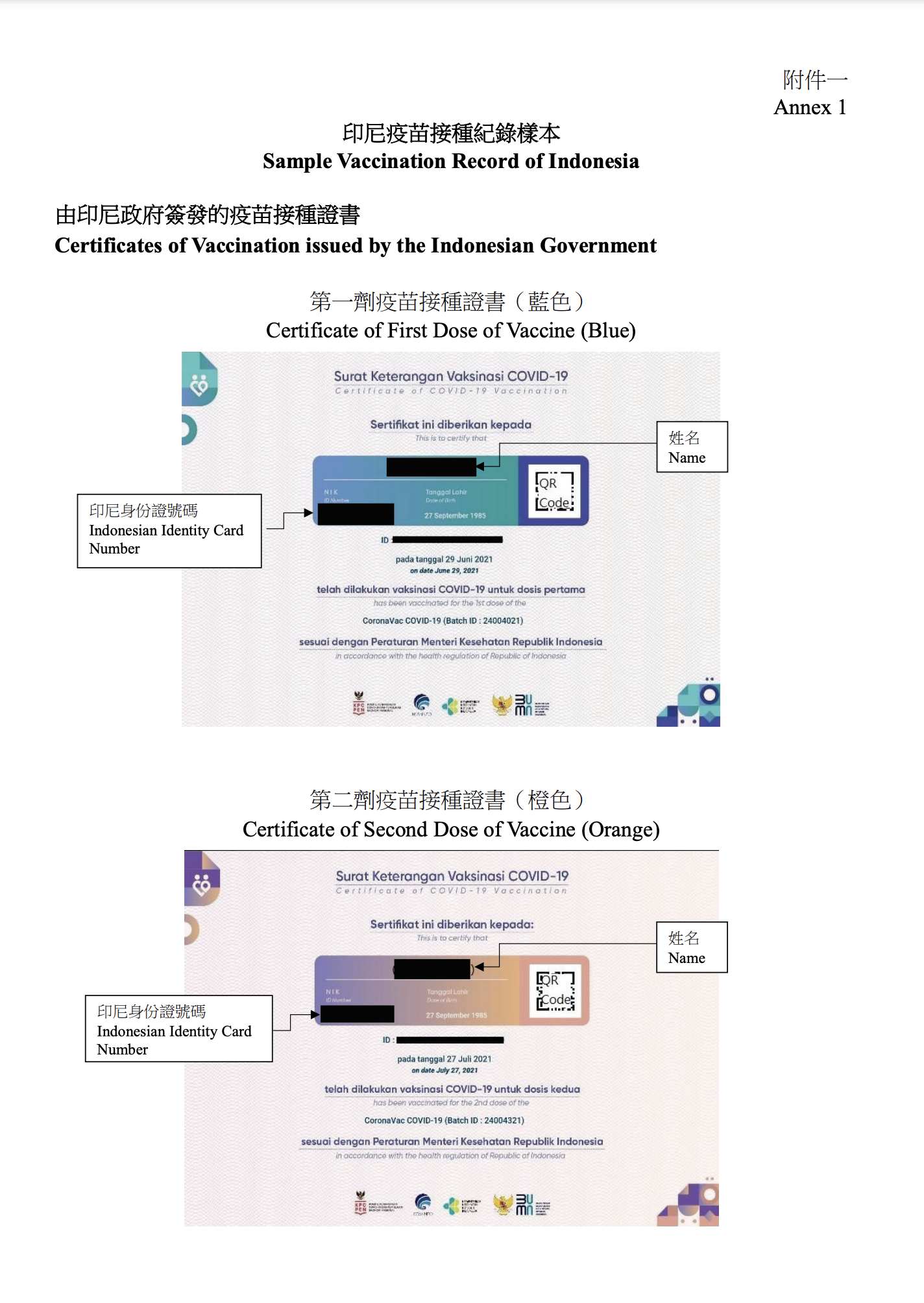 印尼疫苗接種紀錄樣本(一)。