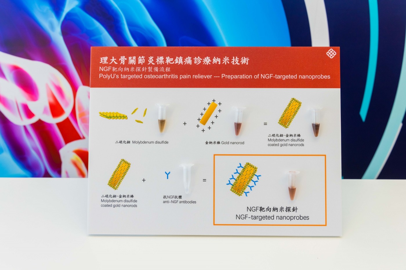 將結合二硫化鉬塗層及NGF抗體的標靶納米探針注入體內,配合光聲成象可將致痛蛋白質NGF分子定位,再利用光熱療法破壞。小鼠實驗證實可持續鎮痛4日。