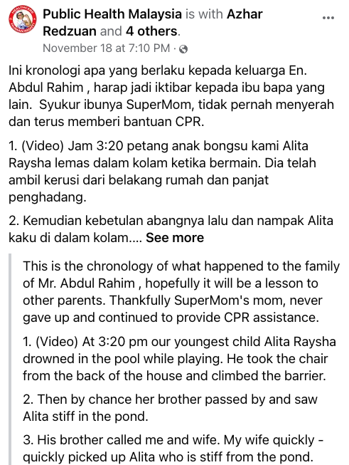 女童的父親Abdul Rahim於網上社交平台(Public Health Malaysia )講述意外過程。