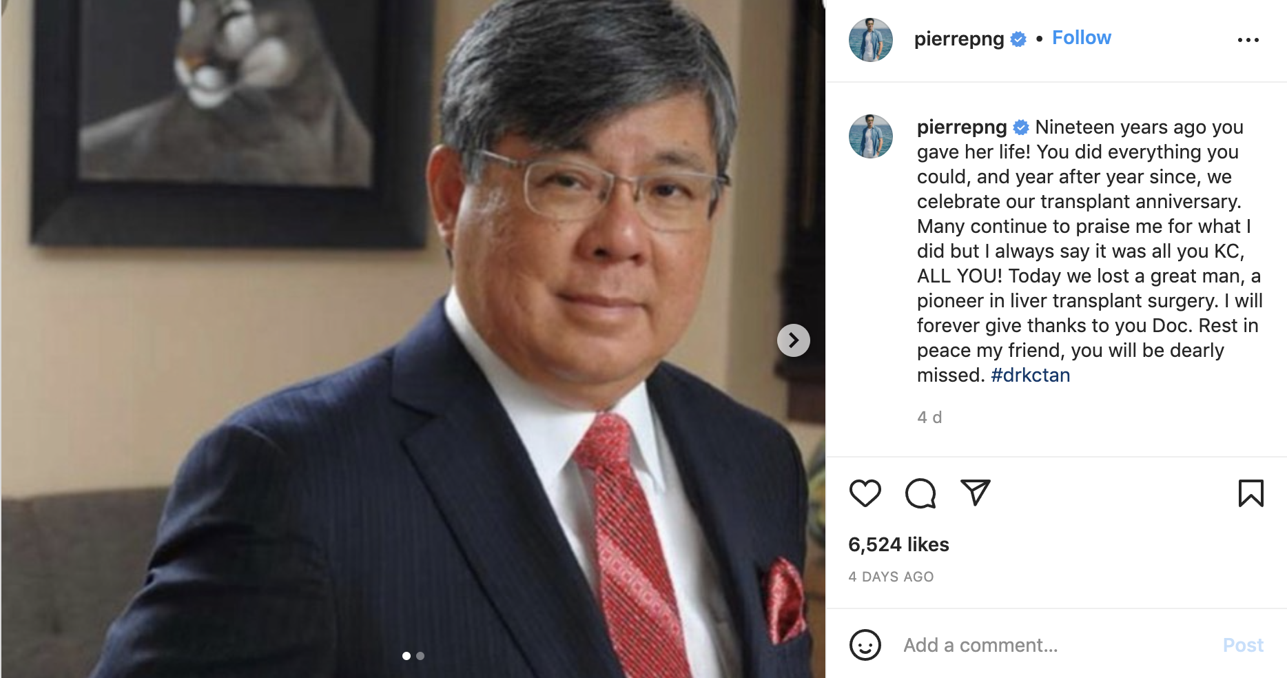 新加坡電視藝人方展發表示對陳凱澤醫生的離世感到難過。