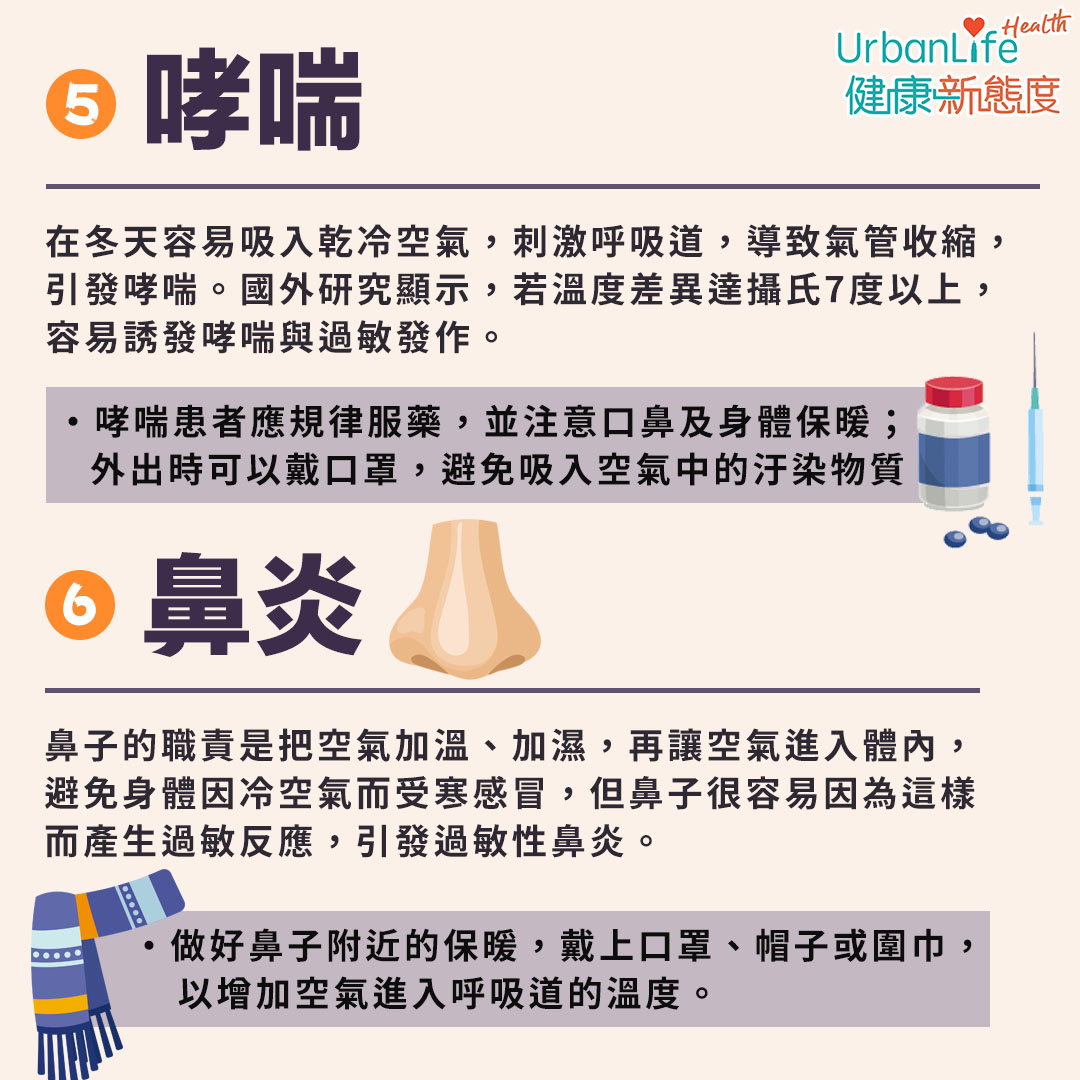 冬天容易吸入乾冷空氣,刺激呼吸道,導致氣管收縮,引發哮喘。