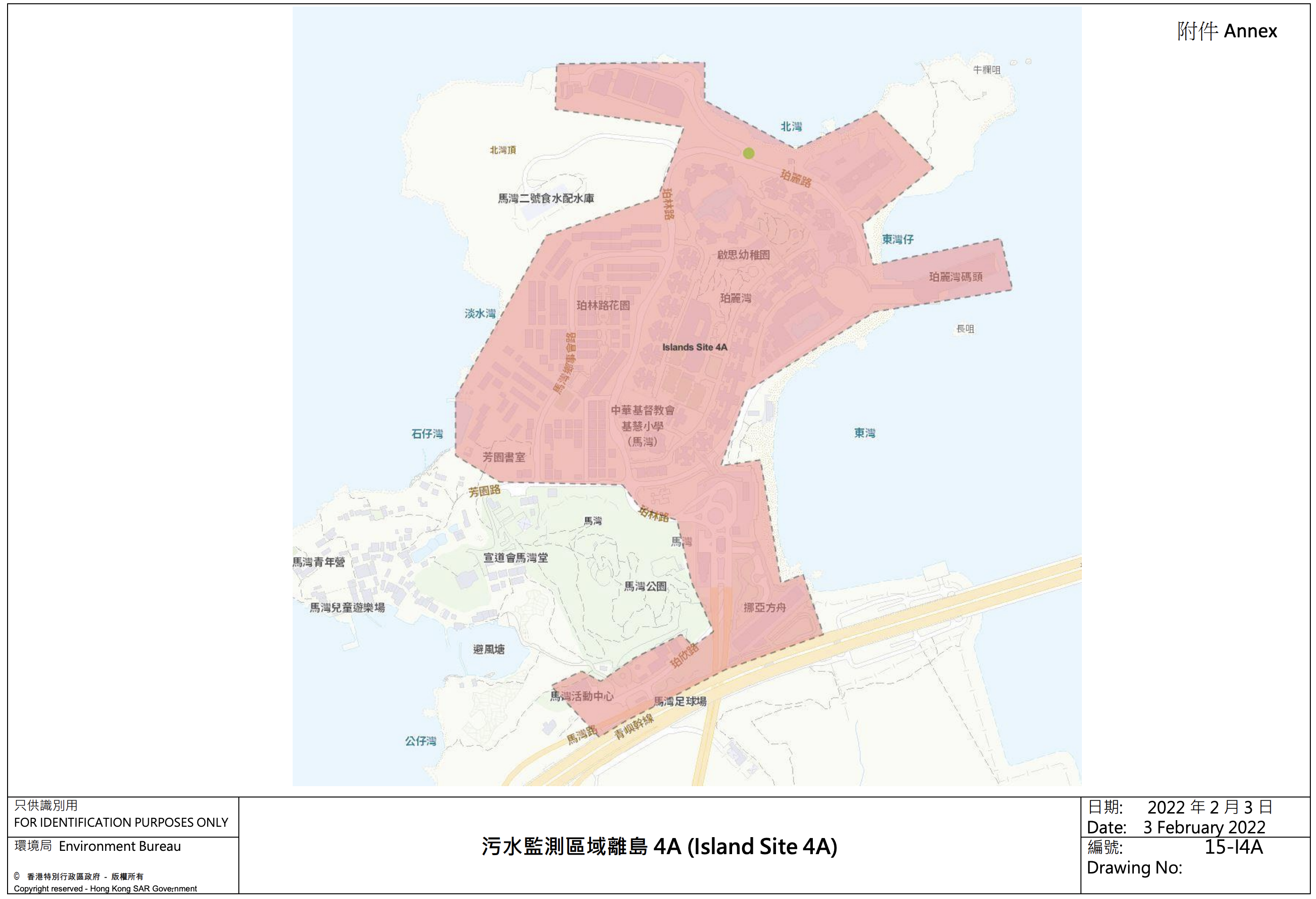 污水監測區域離島4A（馬灣珀麗灣、珀林路花園一帶）。