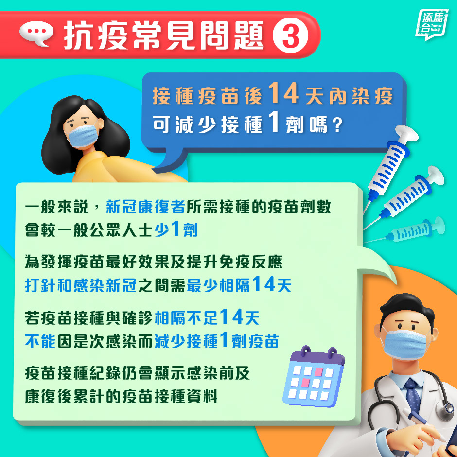 一般來說，新冠康復者所需接種的劑數會較一般公眾人士少1針。