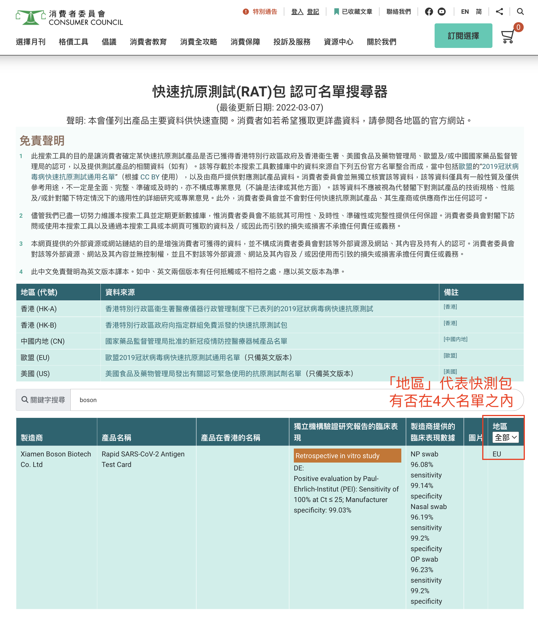在最右手面的一格「地區」會顯示快測包有否在4大名單之內。