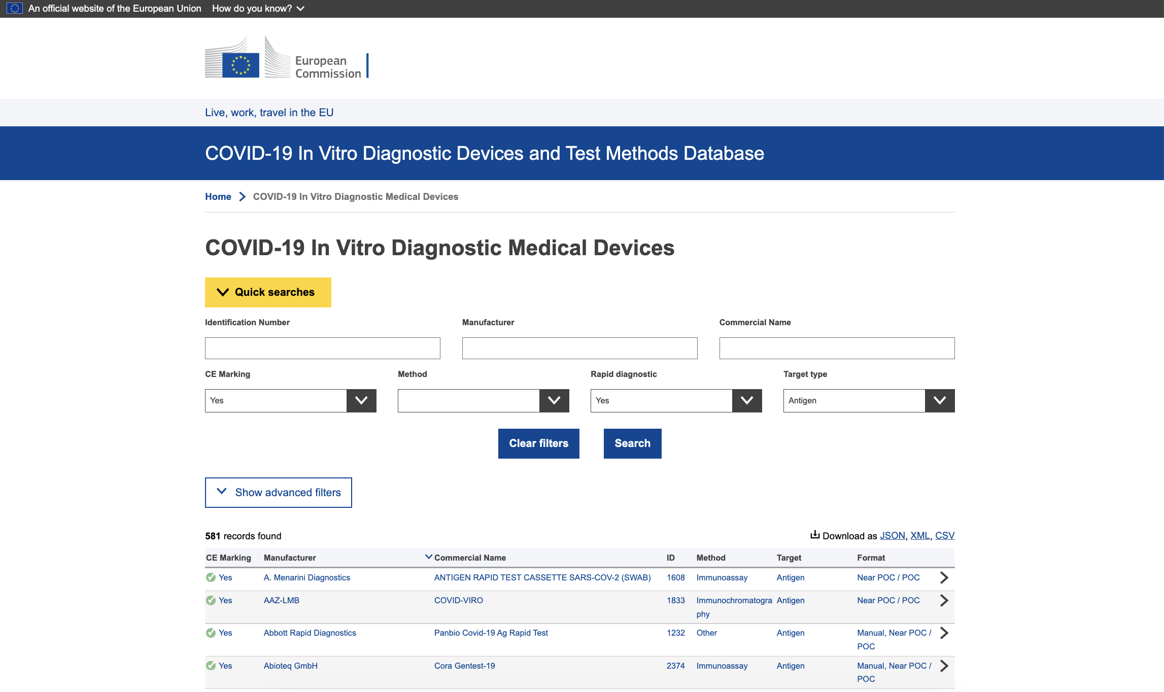歐盟2019冠狀病毒病快速抗原測試通用名單搜尋網站。