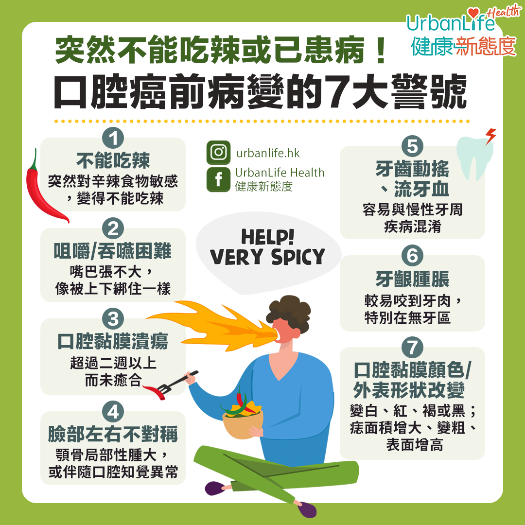 突然對辛辣食物敏感,變得不能吃辣都是口腔癌前病變的症狀。