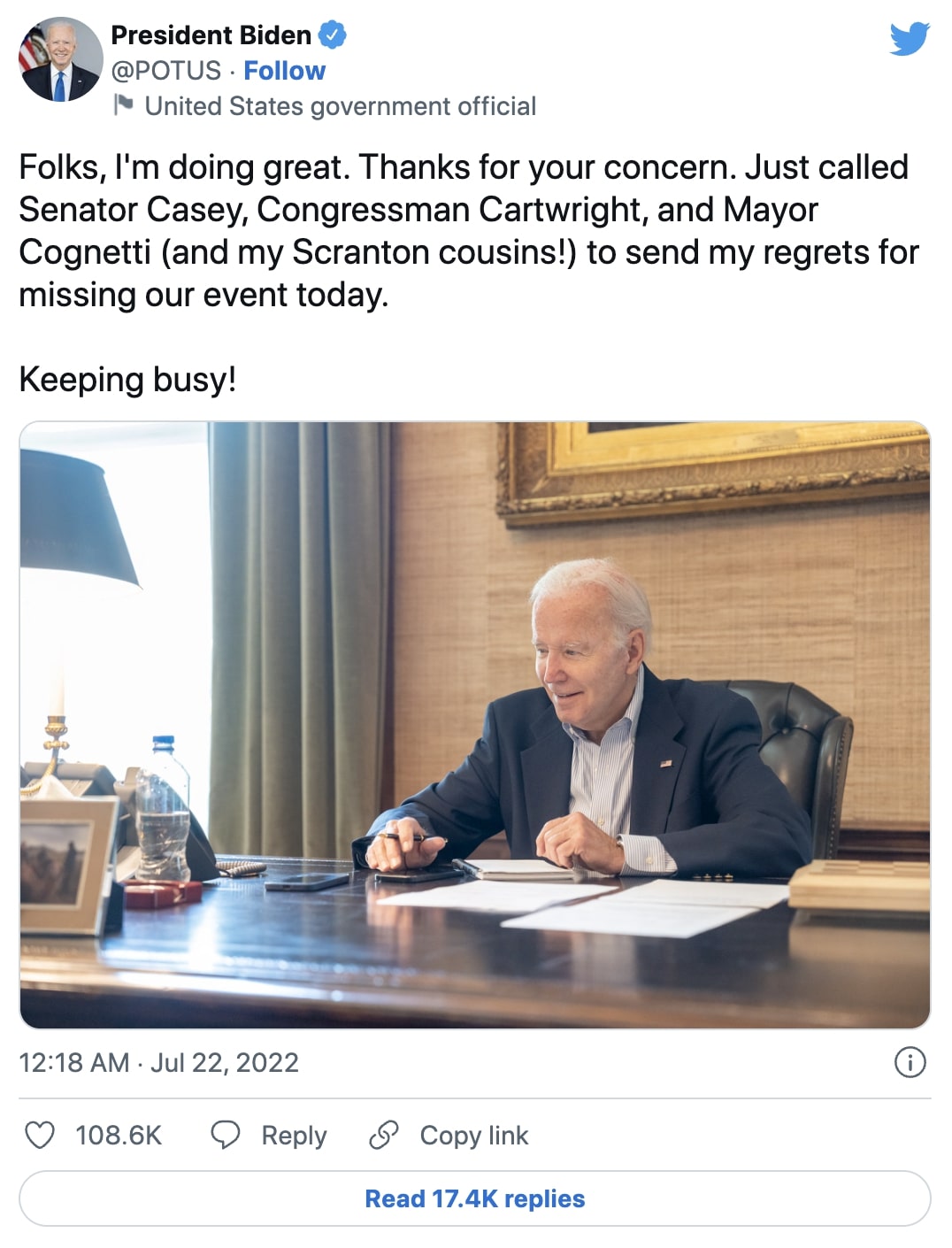 已接種4針新冠疫苗的拜登確診新冠肺炎,他拍短片報平安。