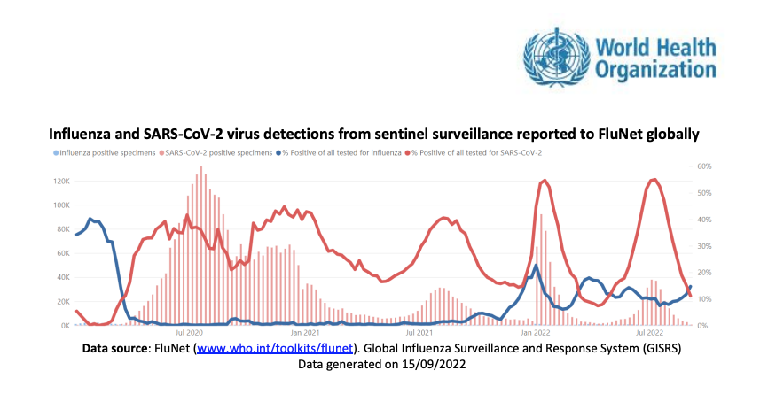 世界衞生組織全球定點監測流感陽性比率顯示,今年7月出現「黃金交叉」,即流感比率高過新冠肺炎病毒比率。