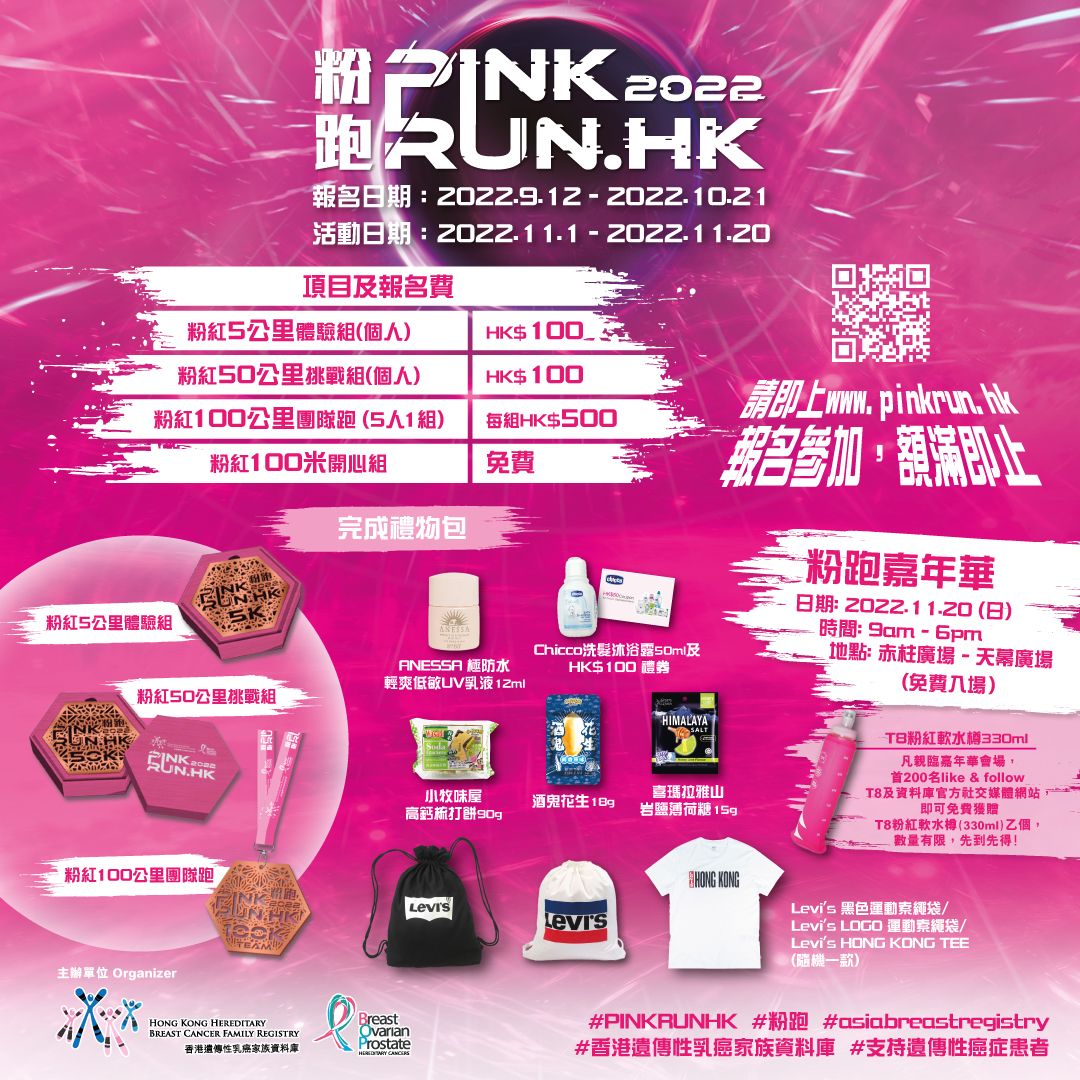 由香港遺傳性乳癌家族資料庫(下稱「資料庫」)主辦的粉跑 PINK RUN.HK 2022 (簡稱「粉跑」) 。