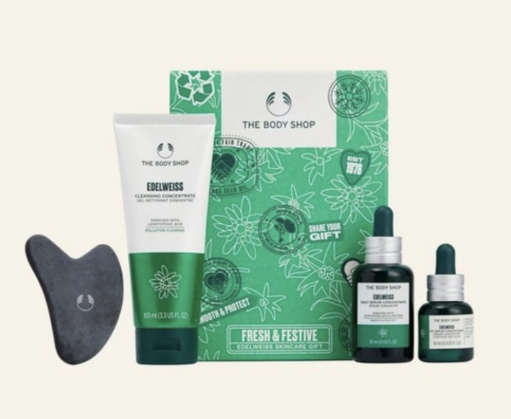 The Body Shop 雪絨花抗氧活肌護膚套裝。