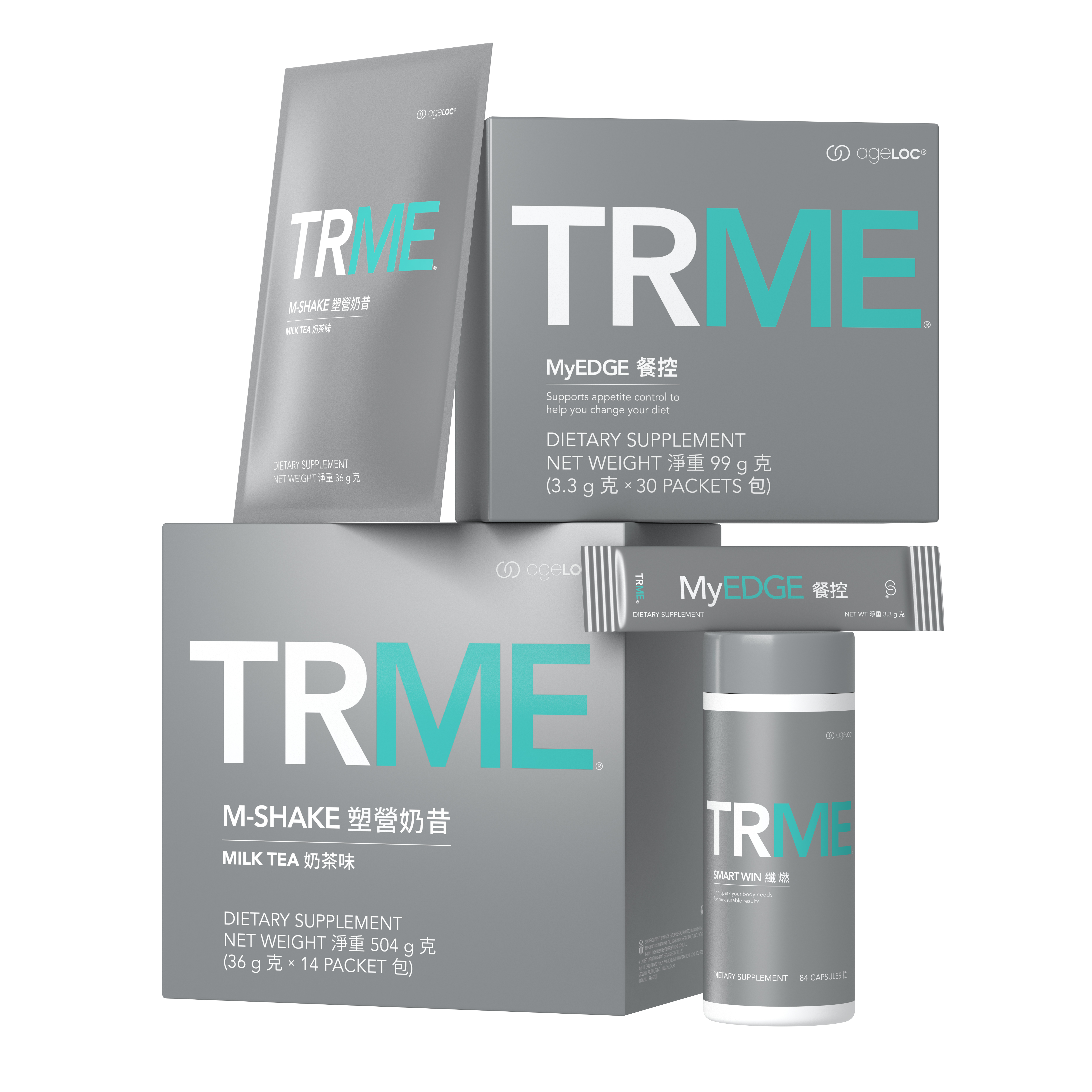ageLOC® TRME® 的三款產品:SMART WIN纖燃、M-SHAKE塑營奶昔-奶茶味、MyEDGE餐控,完善支援繁忙的上班族、棉花糖族、健美塑身族,輕鬆食齊關鍵營養成分!產品更受 Nu Skin 「 6S 」品質措施嚴格監控,確保功效及安全性。