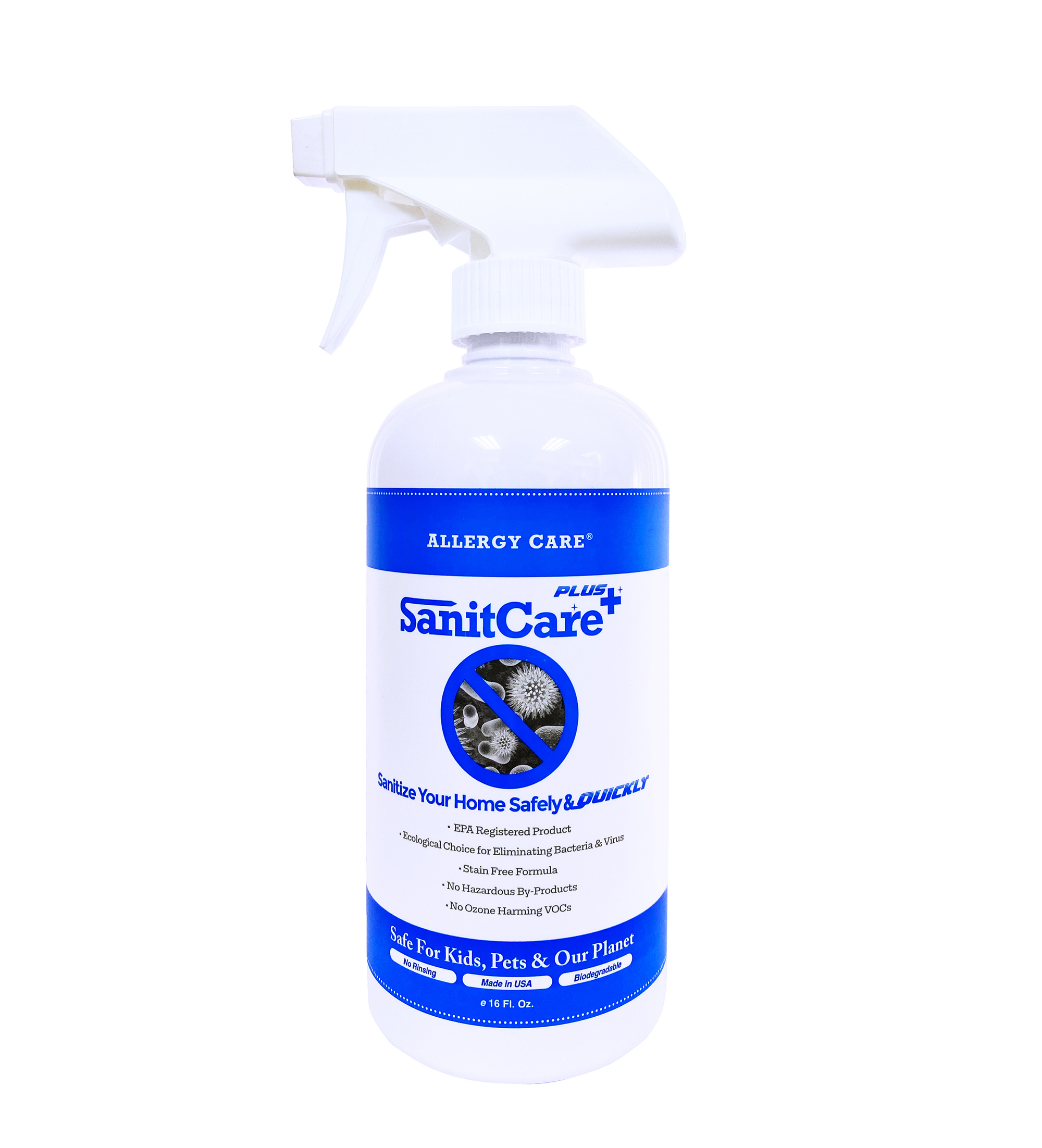 SanitCare PLUS天然殺菌消毒噴劑(抗疫防敏加強版) 於美國製造，可噴灑於任何物件或地方，例如皮膚、餐具、衣物、玩具、背包、BB車、門柄或枱櫈等。家中或辦公室如有人患病，噴灑空氣中更有助防止病毒、細菌交叉感染。