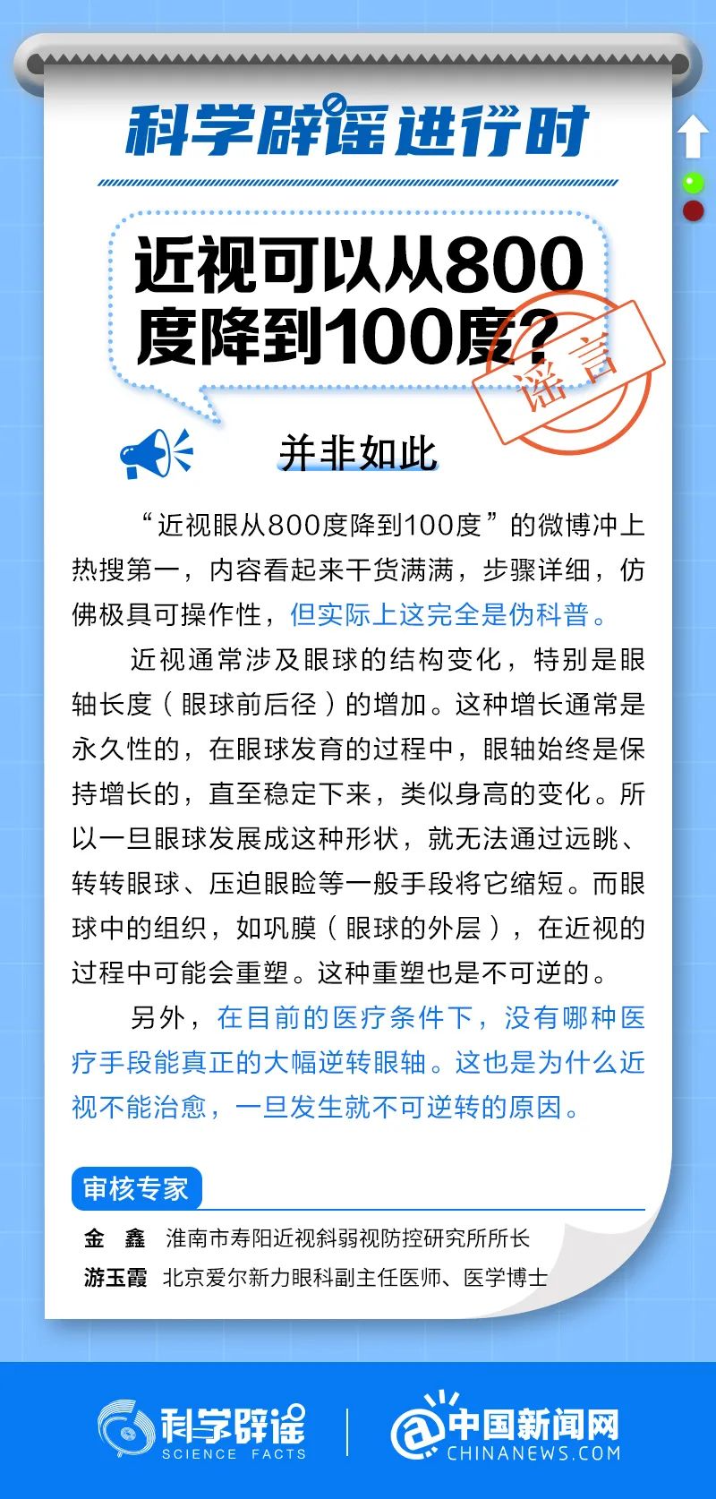 中國科學技術協對這些科普做出解釋，指出這些博主所演示的「降近視」方法，「仿佛極具可操作性，但實際上這完全是偽科普。」