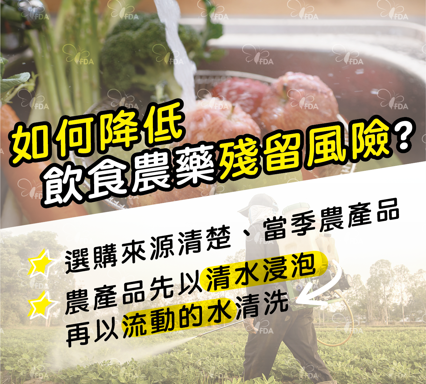 食藥署也提醒大家,可以在購物上選擇來源清楚、當季的農商品,且在食用前先以清水浸泡,再以流動的水清洗才食用。
