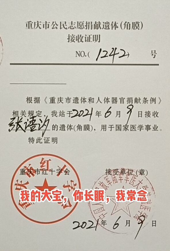 由於早產導致大出血，身體還沒恢復醫生又指大女兒汐汐的腸子大面積穿孔，在出生5日後就夭折，最終選擇把大女兒的眼角膜捐出來。