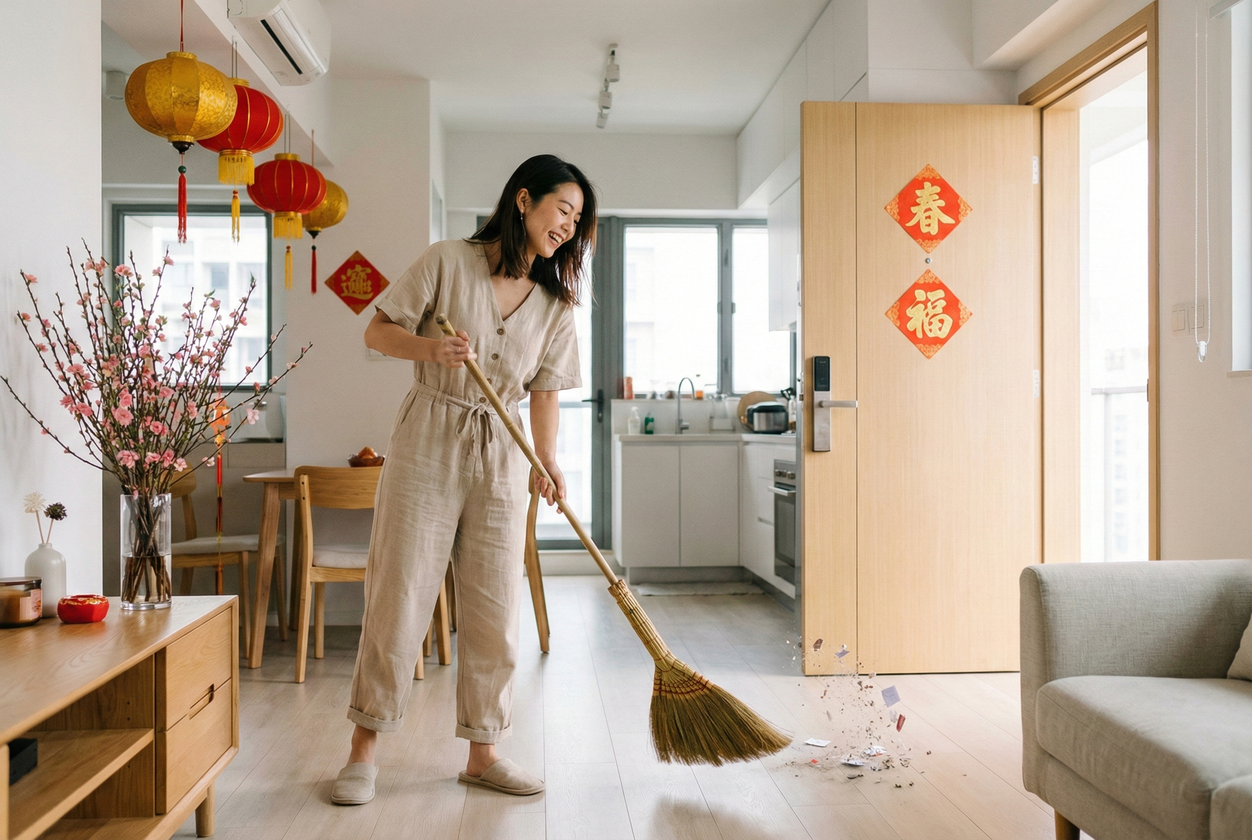 年廿八掃地講究「掃入不掃出」,由外向內清掃,象徵把財氣和好運收入屋內,避免把新年運勢掃走。