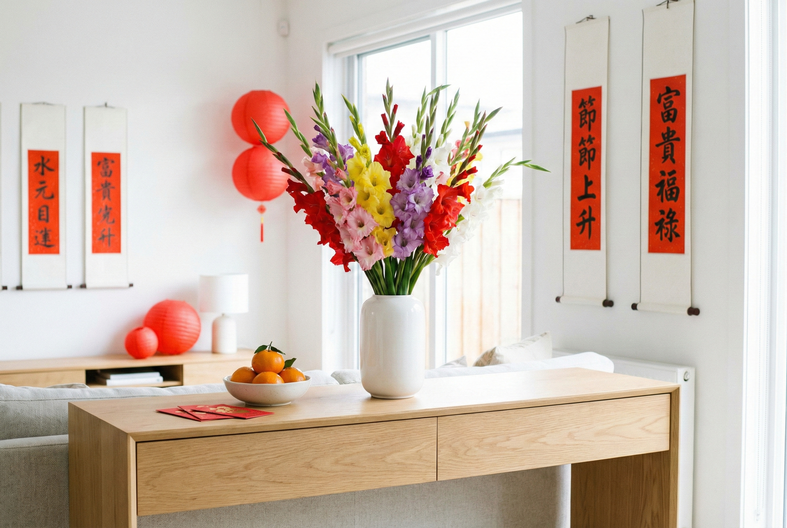 劍蘭色彩鮮豔、花姿挺拔,象徵節節高升與富貴福祿,是新年家居裝飾與祝福的熱門年花。