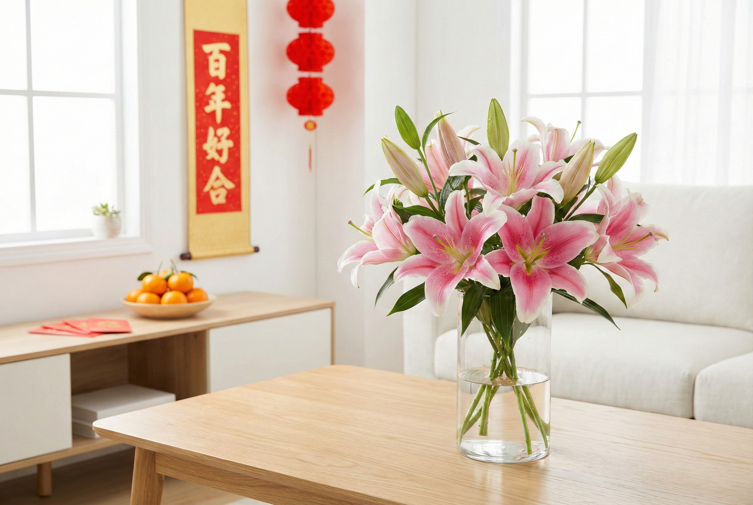 百合花清香淡雅,象徵百年好合與幸福繁榮,是新年送禮與家居裝飾的理想年花。