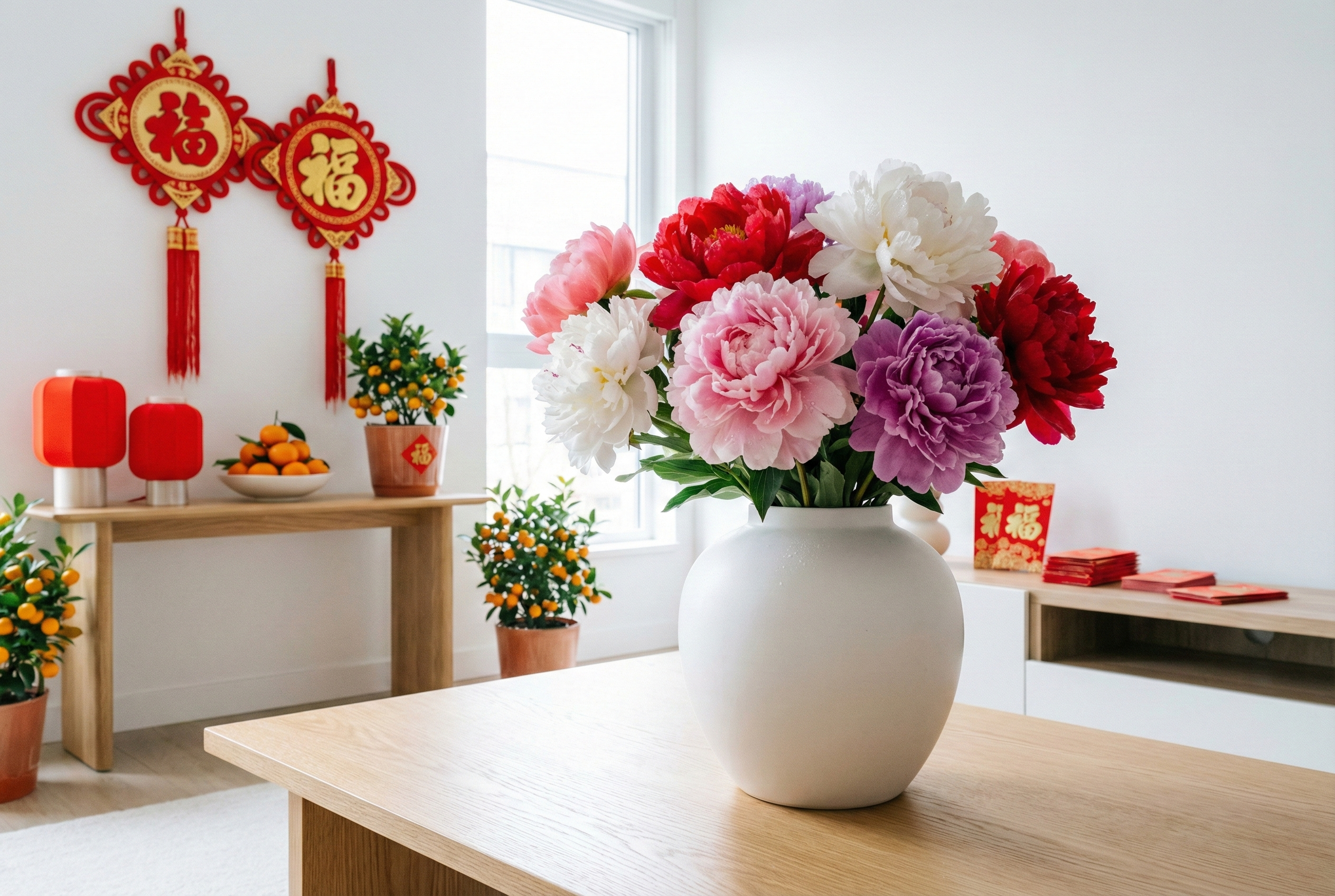 牡丹花鮮豔奪目,象徵富貴吉祥與團圓和諧,是新年家居裝飾與送禮的理想年花。