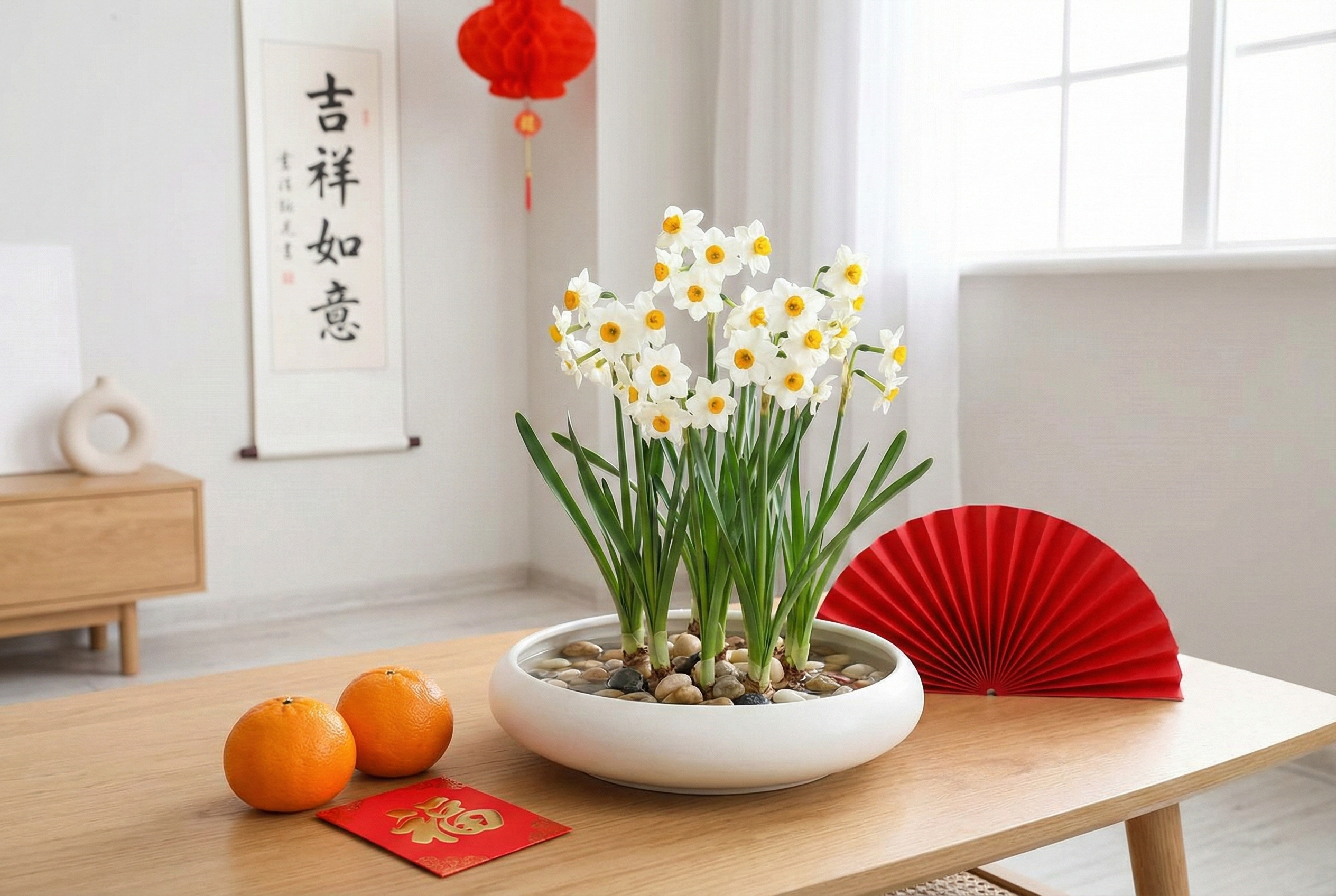 水仙花清香高雅,象徵吉祥如意與家庭團圓,是新年家居裝飾與送禮的經典年花。