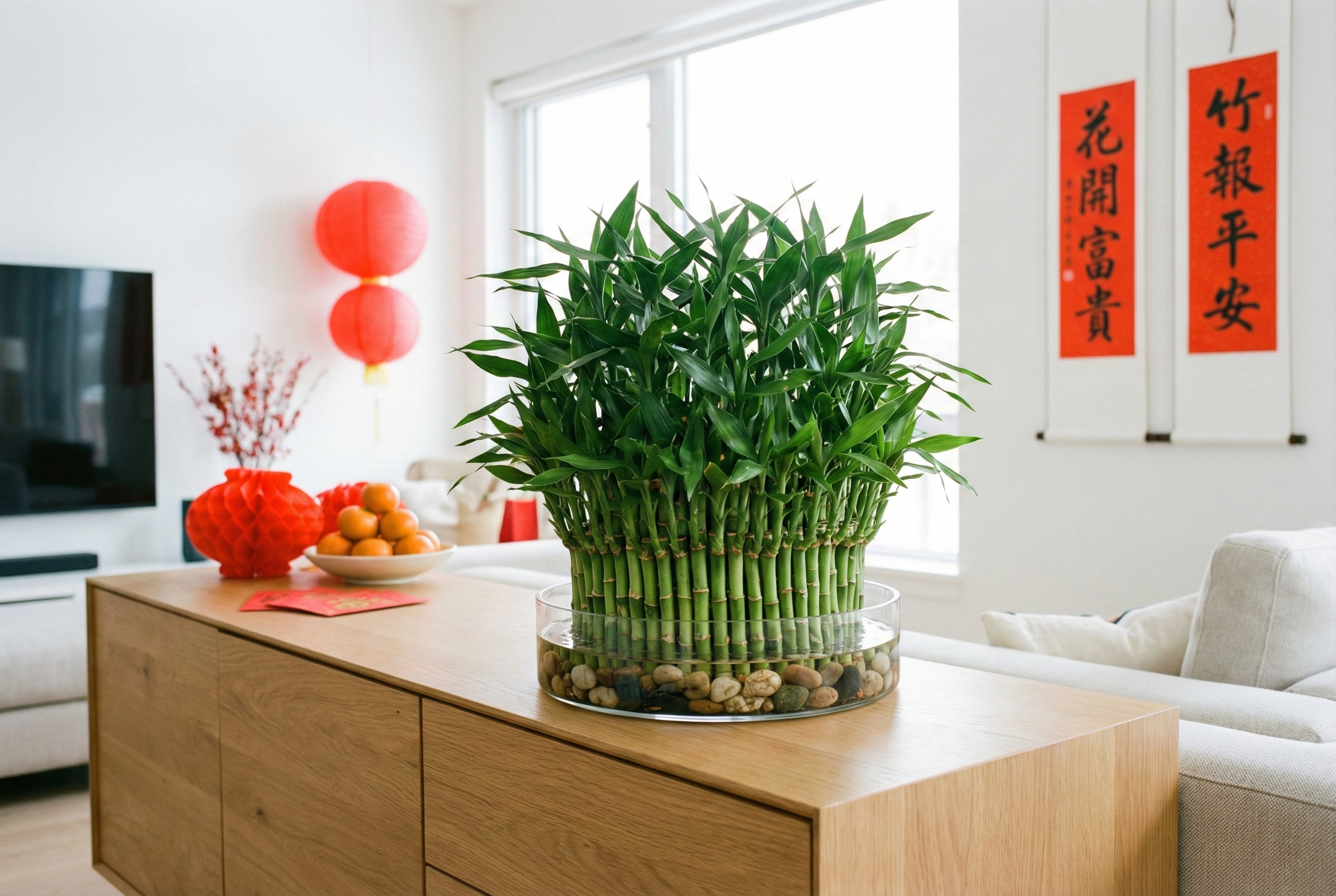 富貴竹翠綠生機,象徵花開富貴與竹報平安,是新年帶來順利、平安與好運的家居必備年花。