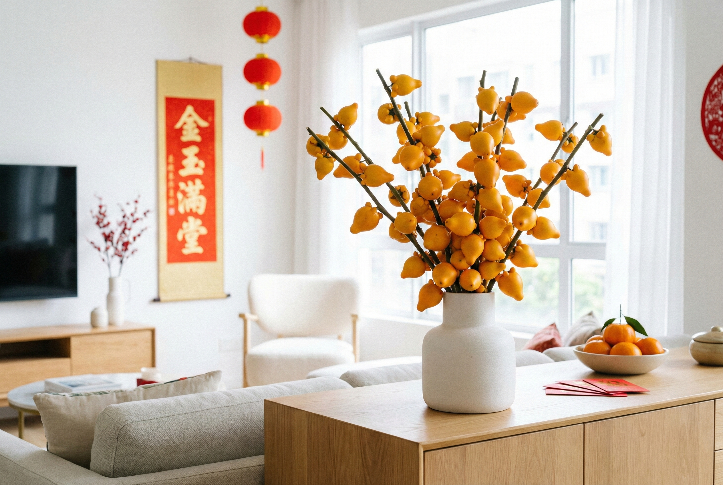 五代同堂果實金黃可愛,象徵富貴發財與家庭和諧,是新年增添福氣與繁榮的理想年花。