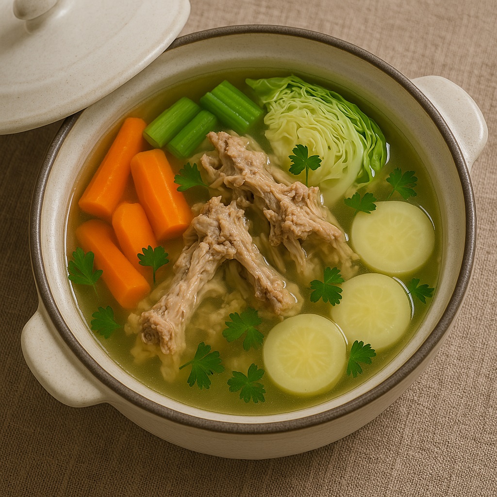 這是一款清爽的家常雞殼蔬菜湯，湯底清澈甘甜、毫不油膩。