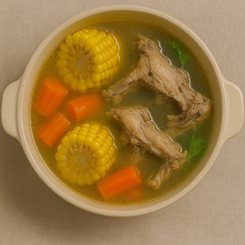 這道粟米紅蘿蔔雞殼湯湯色澄黃、滋味清甜，非常受小朋友和長者喜愛。