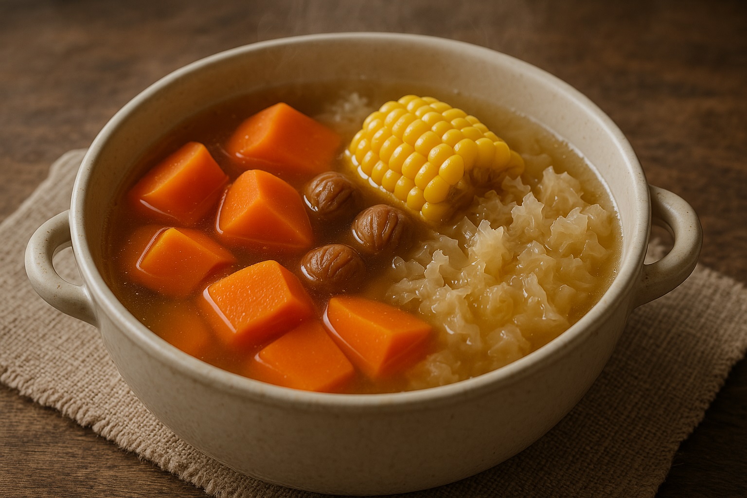 加入雪耳（白木耳）的改良版栗子素湯，富含植物膠質，湯水滑潤更具潤肺養顏功效，特別適合需要美容養生的人群。