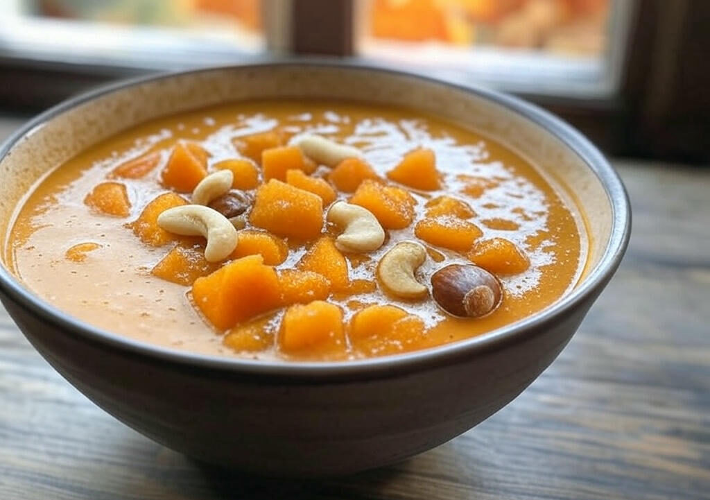 如果想製作全素的南瓜栗子湯，可用腰果替代肉類，增加湯中的香氣和營養。