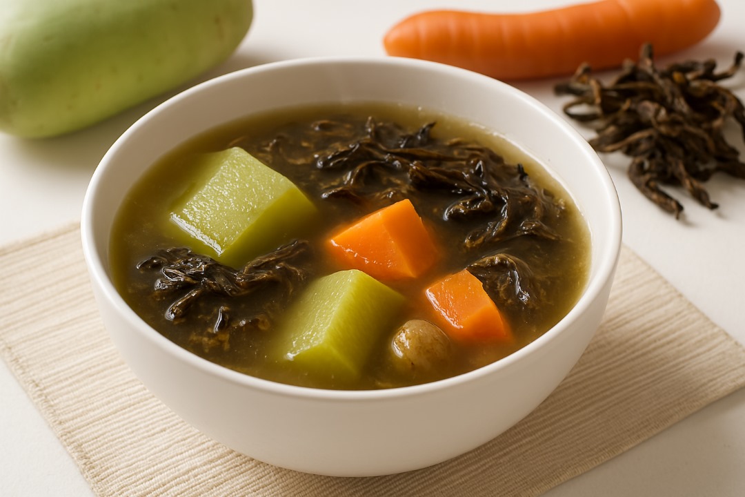 這道青紅蘿蔔菜乾湯來自傳統廣東湯水食譜,具有清熱潤肺、消食通便的功效。