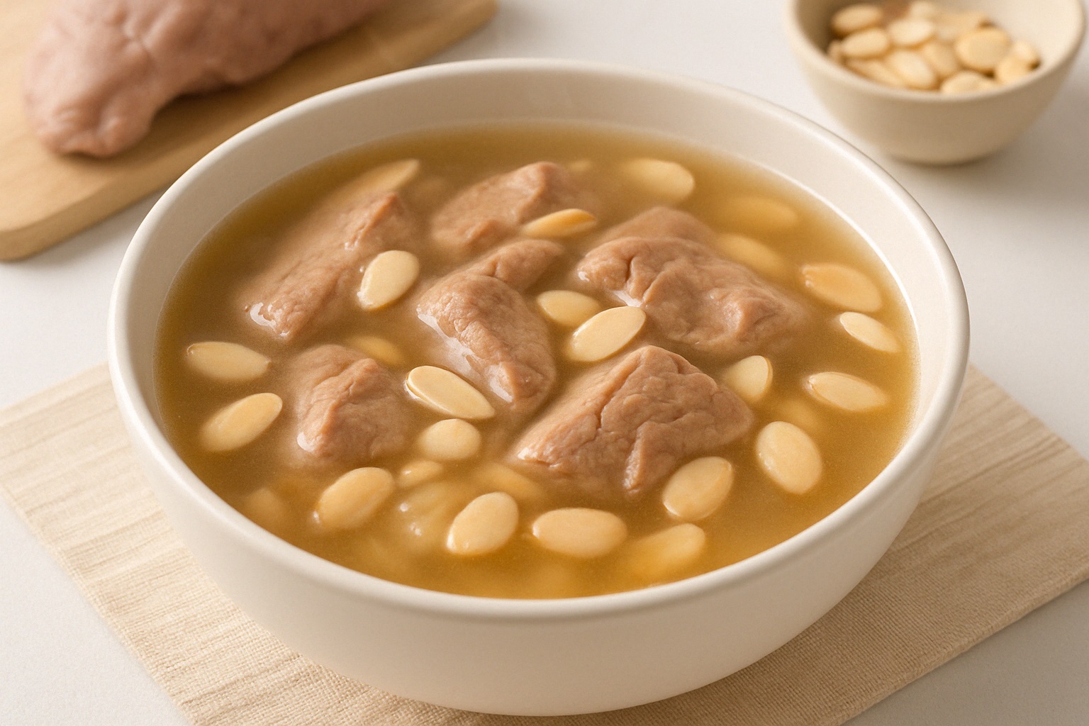 杏仁豬肺湯能潤肺止咳，又能補肺健脾。