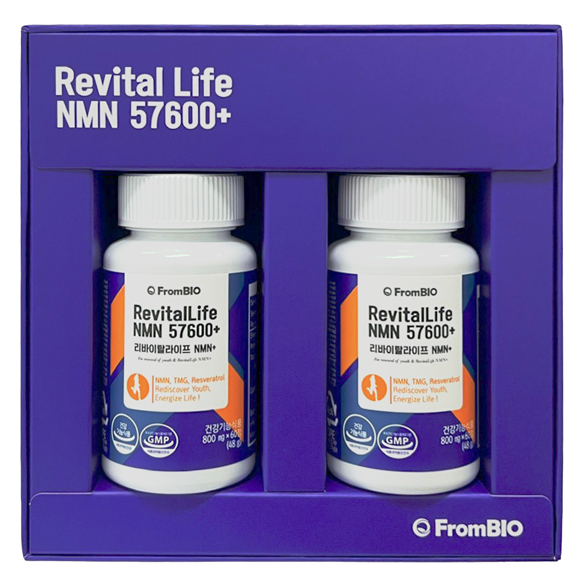 FromBIO的 RevitalLife NMN 57600+ 兩瓶組合，產品包裝顯示含有800mg NMN，幫助延緩衰老並提升活力。