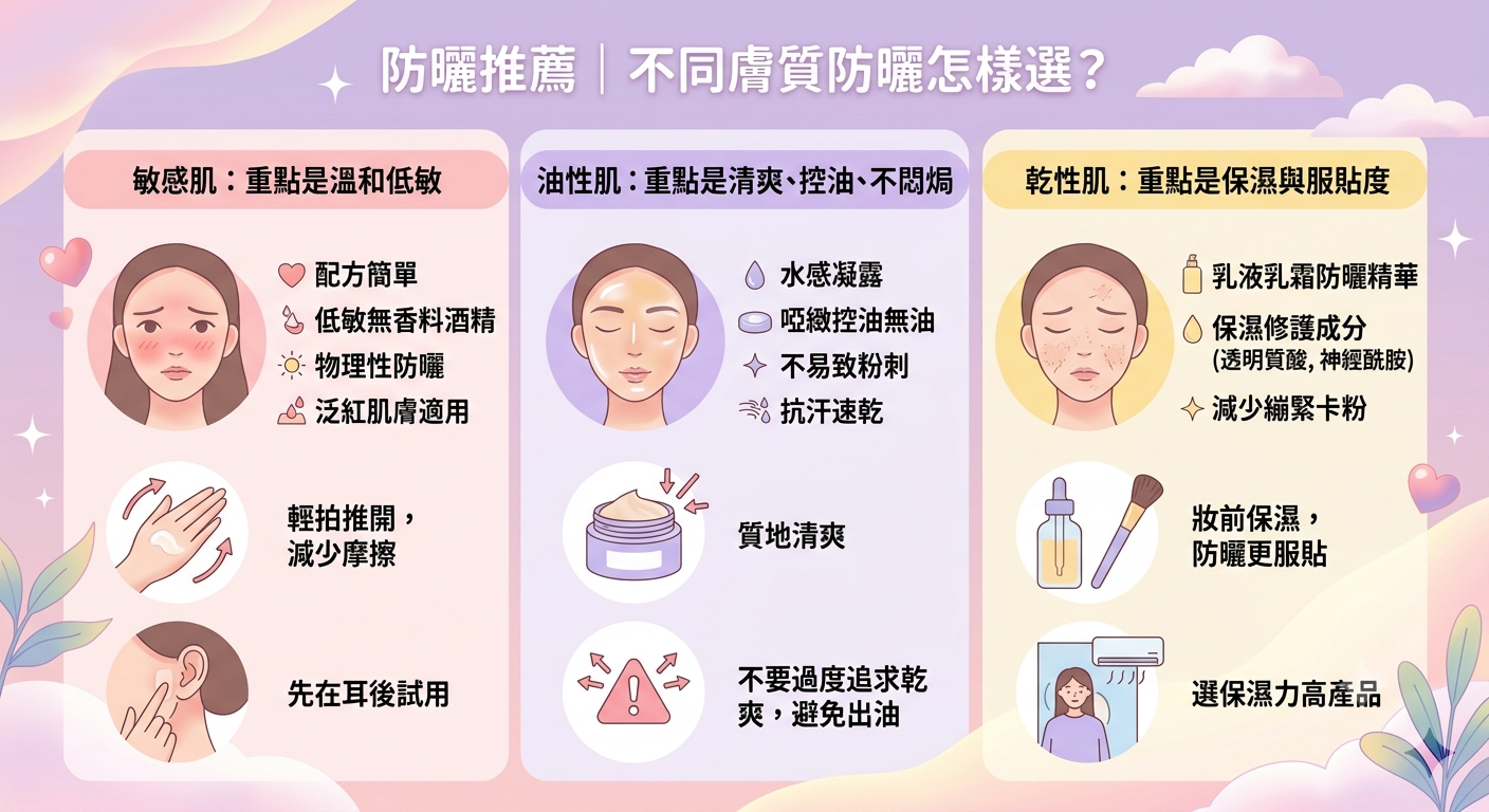 物理性、化學性、混合性防曬比較圖:一張圖看懂三種防曬原理、優缺點與注意事項。
