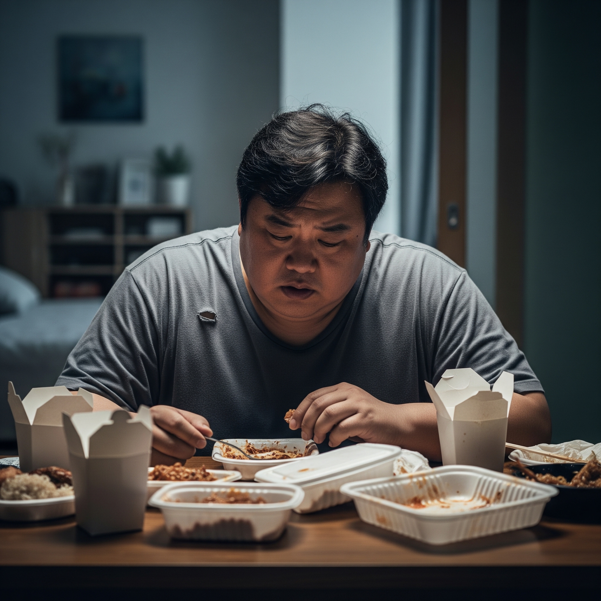 台灣一名男子因工作壓力,長期以晚餐暴食紓壓,體重一度飆升至超過265磅,更因此患上嚴重「五高」!(AI製圖)