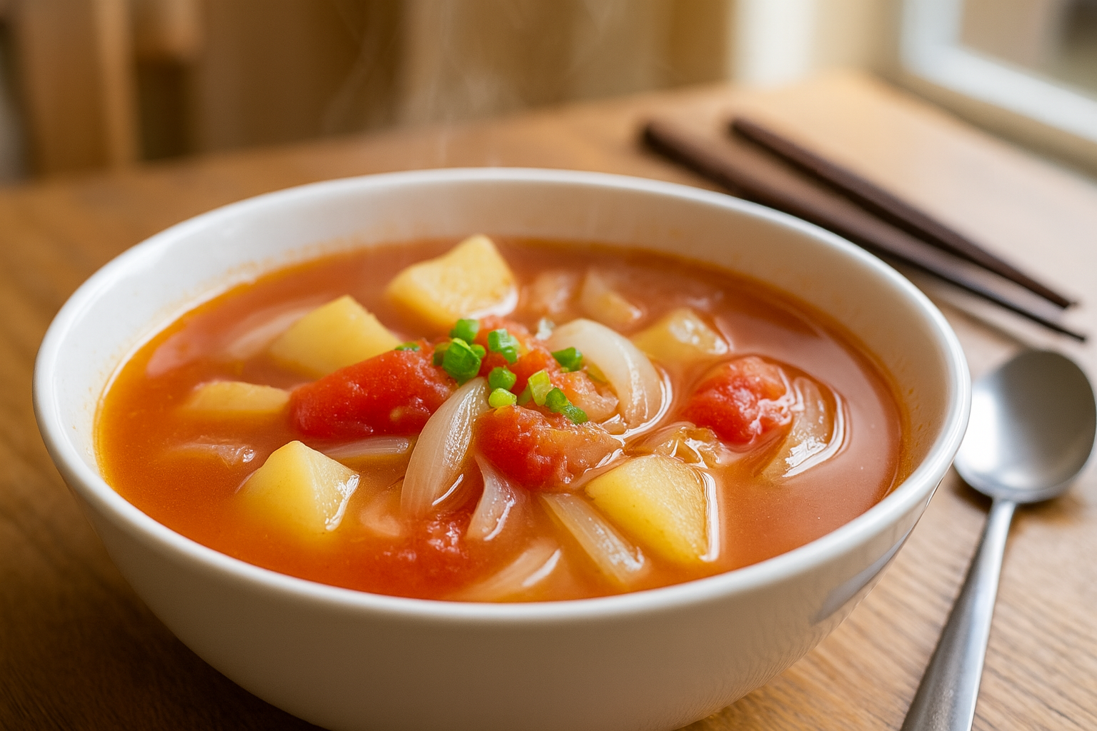 蕃茄薯仔洋蔥湯是一款清爽、低脂的素食湯品,具有降血脂、促進血液循環的功效。