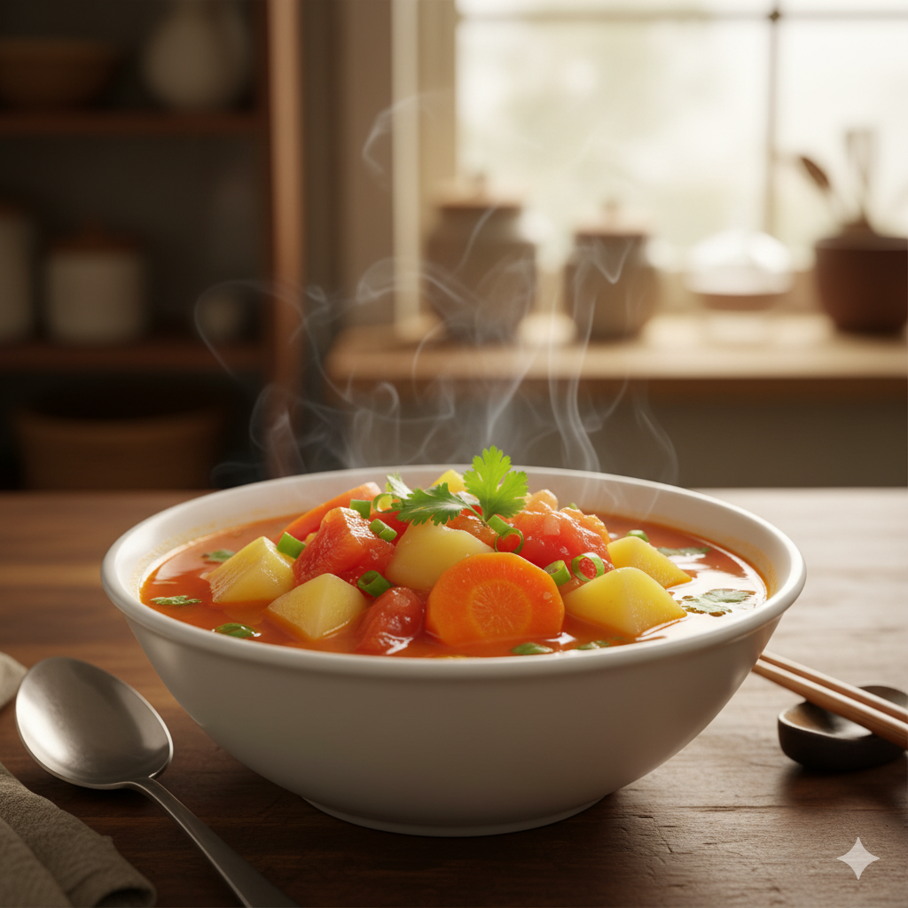 蕃茄薯仔紅蘿蔔湯口感清甜、營養豐富,其β-胡蘿蔔素有助於護眼,是適合全家飲用的養生湯品。