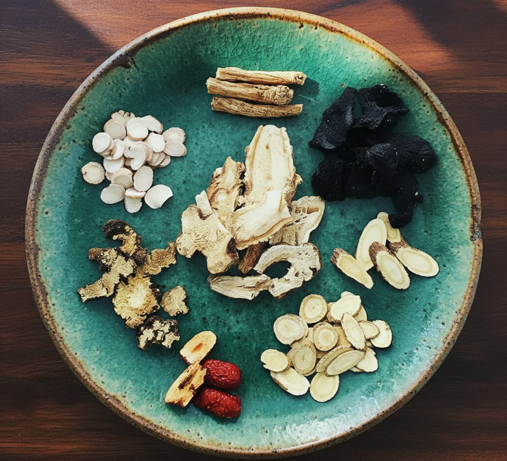 八珍湯的材料由補氣的四君子湯(人參、白朮、茯苓、甘草)和補血的四物湯(熟地黃、當歸、白芍、川芎)共八味藥材組成。