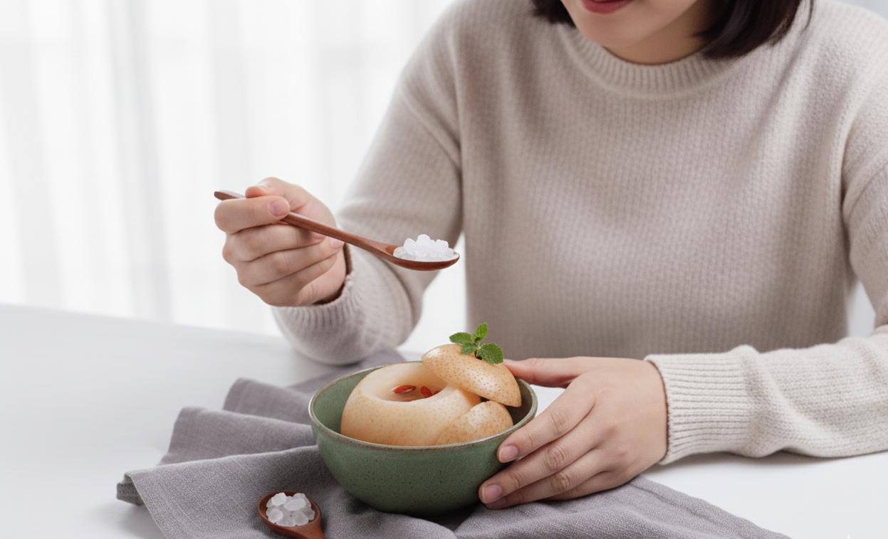 在秋冬乾燥季節,冰糖燉雪梨常被作為養生甜湯,用來潤肺養陰、防止秋燥所造成的呼吸道不適。