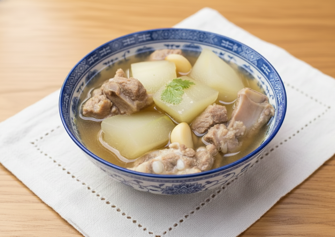 節瓜瘦肉湯是一款傳統的廣東湯品,由新鮮節瓜與豬瘦肉精心熬製而成。